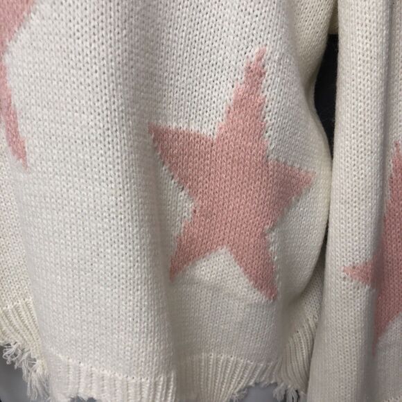 Sweet & Sinful Womens Large Cream Frayed Design Pink Stars Sweater L - Picture 10 of 16